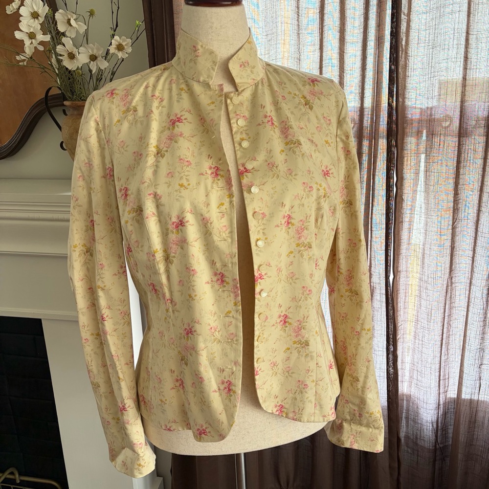 Vintage Ralph Lauren Cotton Butter Yellow Floral High Neck Fitted Blazer Jacket